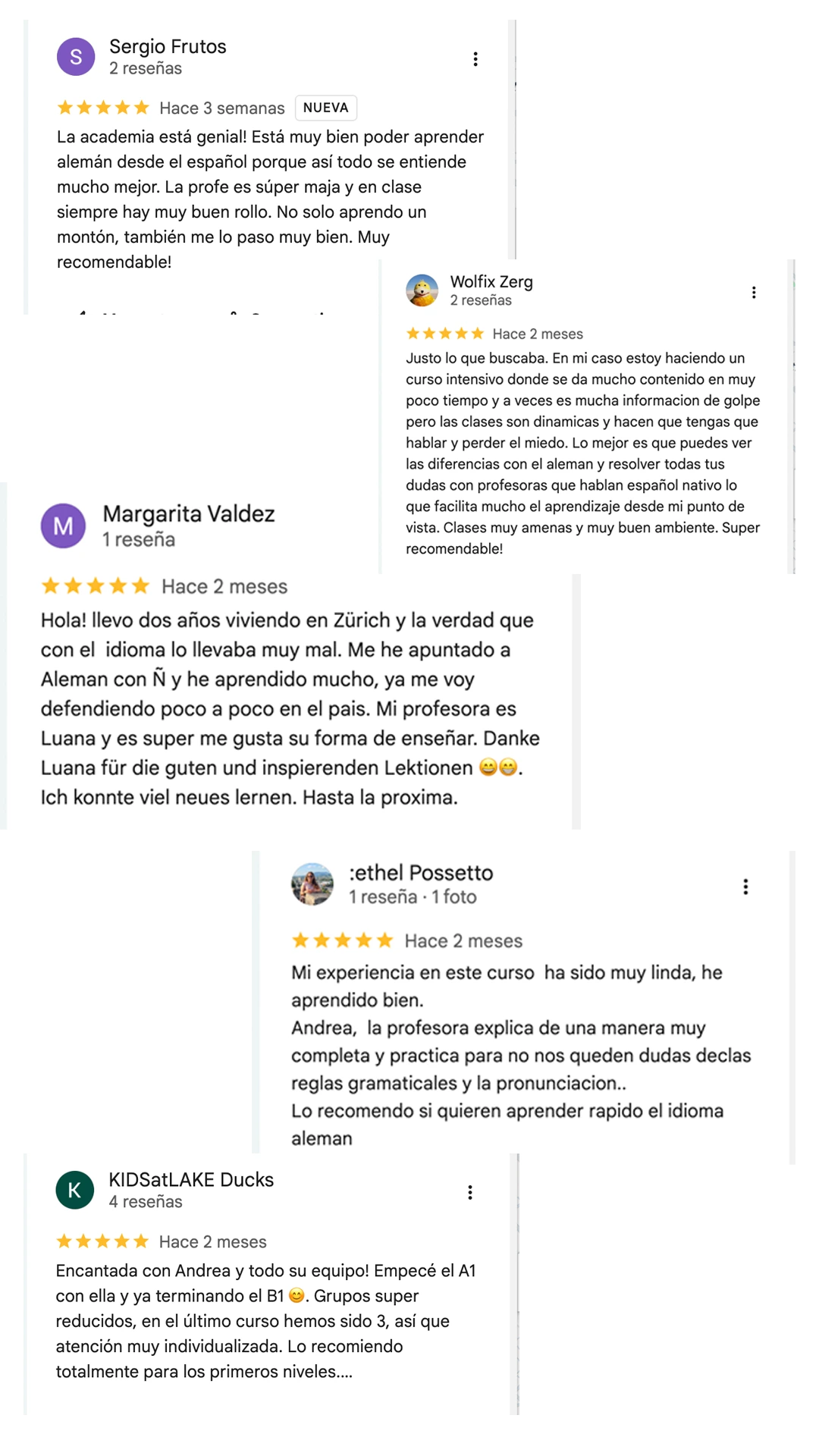 Reseñas reales de 5 estrellas en Google de alumnos de Alemán con Ñ
